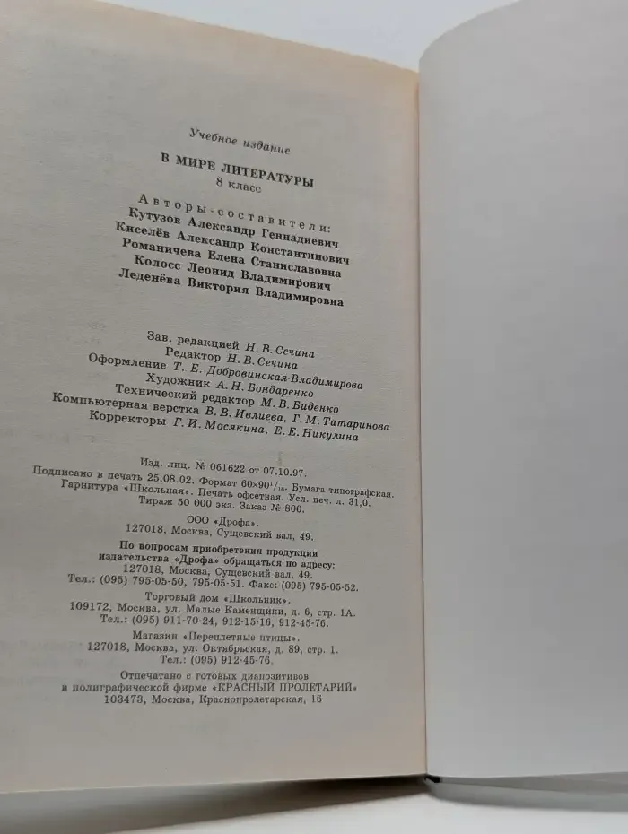 В мире литературы. 8 класс